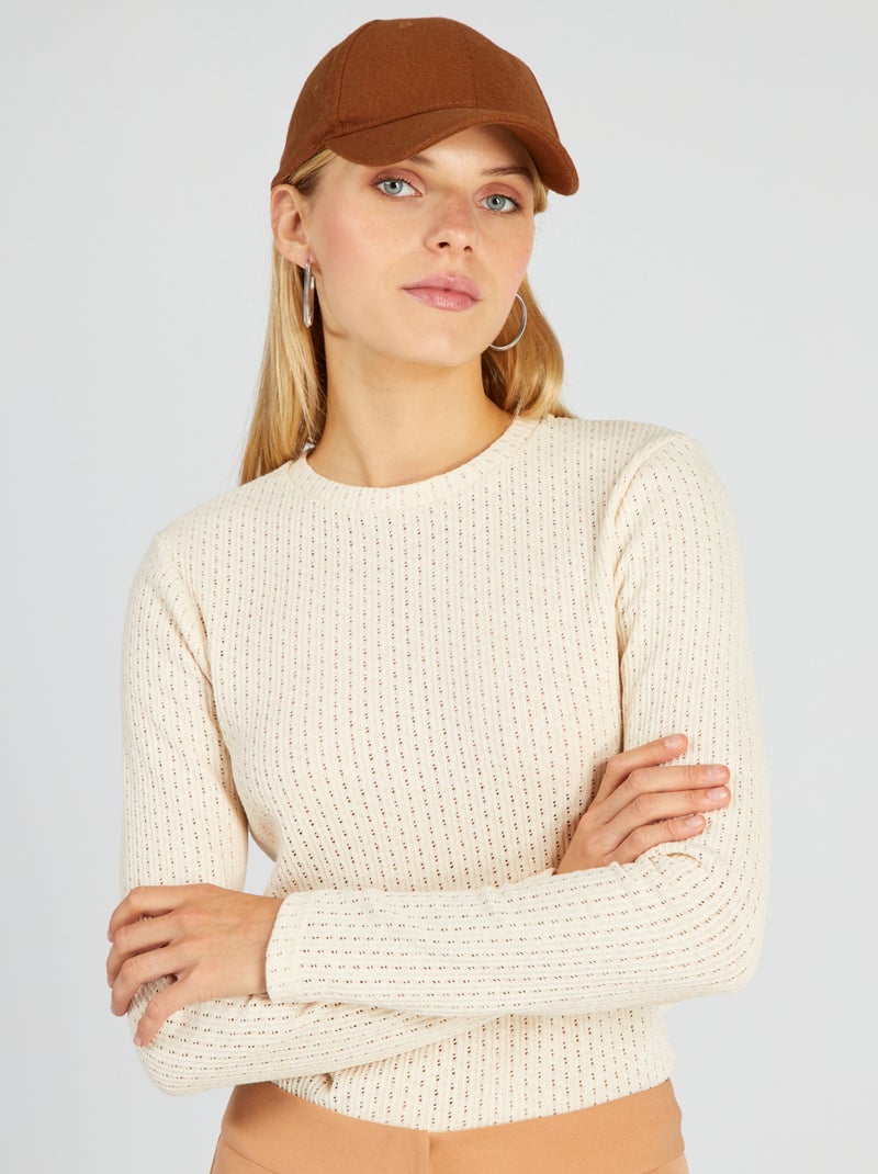 T-shirt de malha pointelle ajurada com gola redonda BEGE - Kiabi