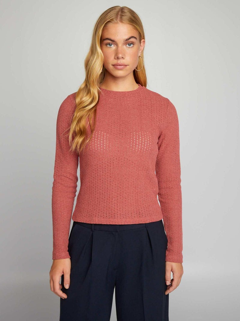 T-shirt de malha pointelle ajurada com gola redonda ROXO - Kiabi