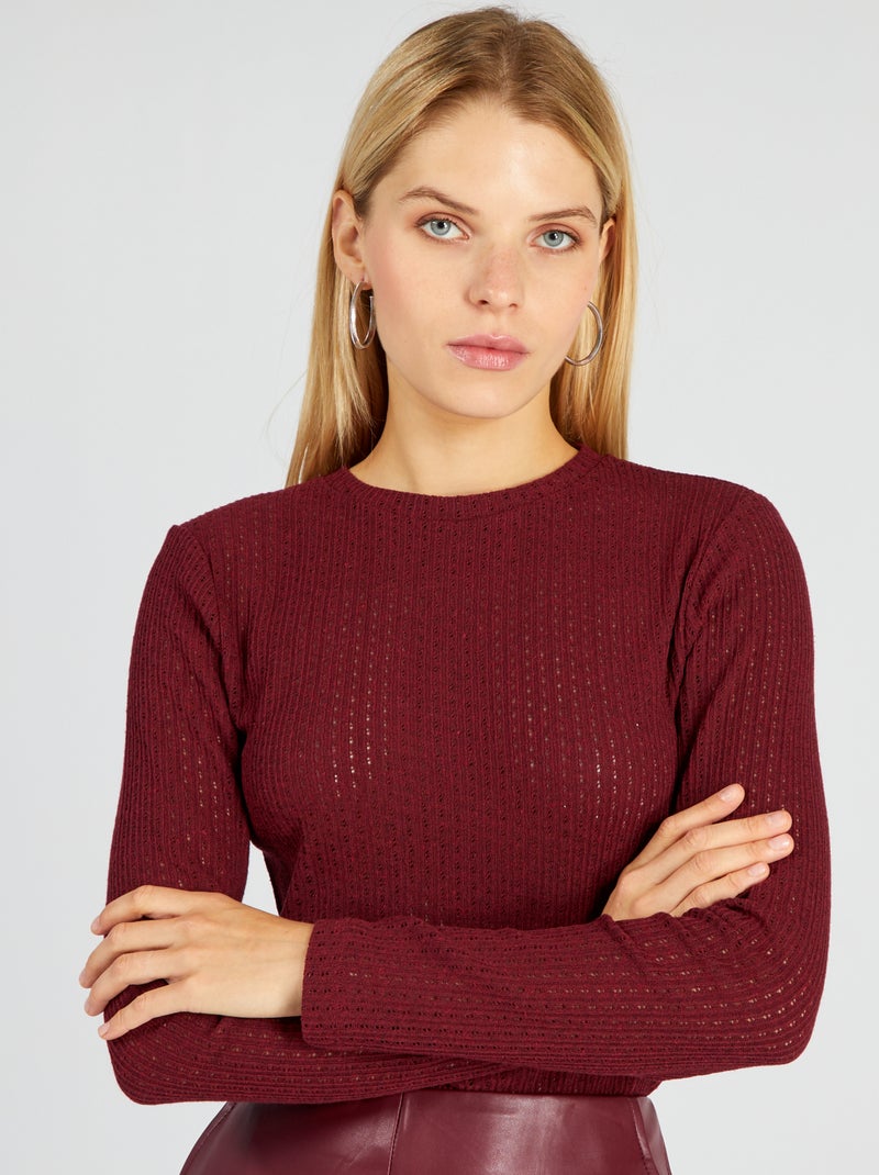 T-shirt de malha pointelle ajurada com gola redonda ROXO - Kiabi