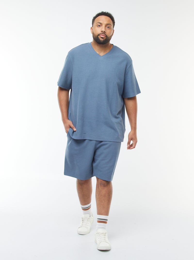 T-shirt de malha texturada e decote em bico Azul - Kiabi