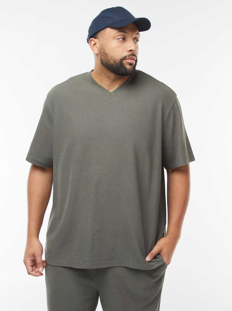 T-shirt de malha texturada e decote em bico Caqui - Kiabi