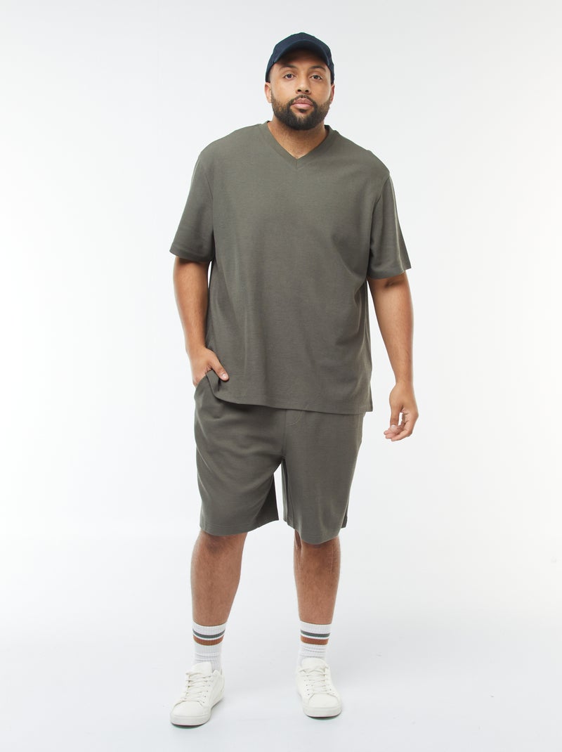 T-shirt de malha texturada e decote em bico Caqui - Kiabi