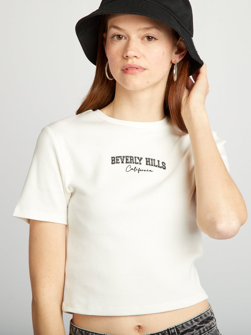 T-shirt de manga cava nervurada lisa 'Beverly Hills' Branco - Kiabi