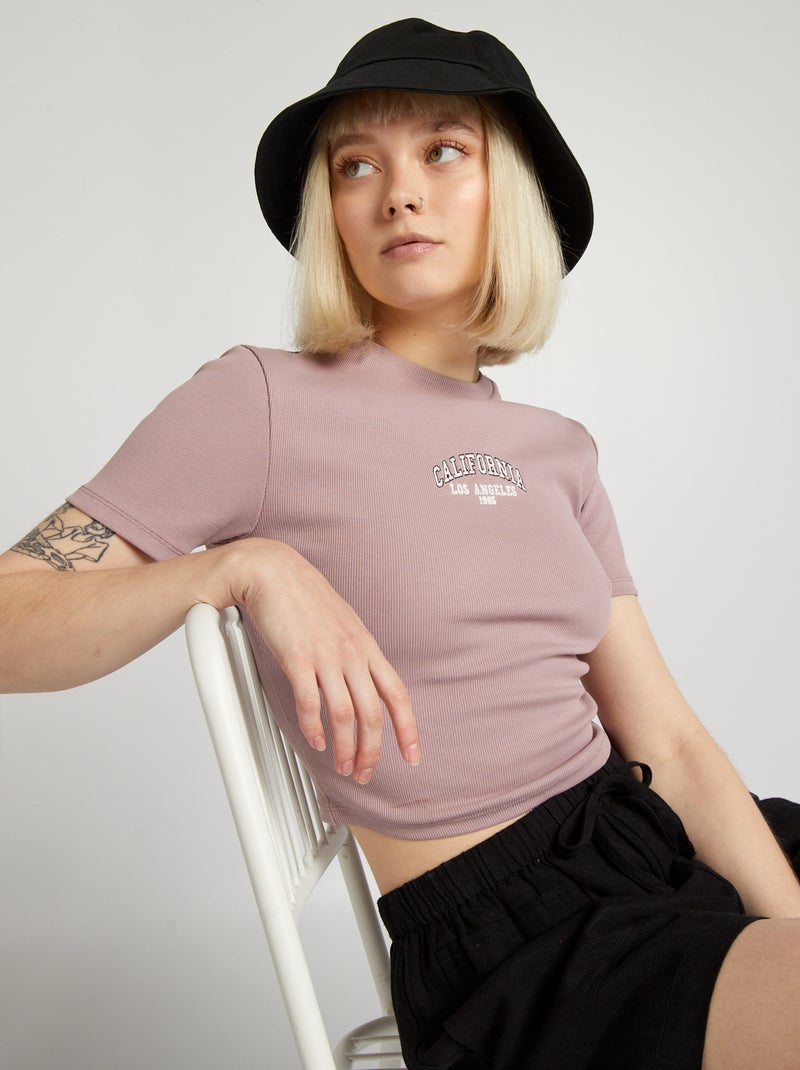 T-shirt de manga cava nervurada lisa 'Beverly Hills' ROSA - Kiabi