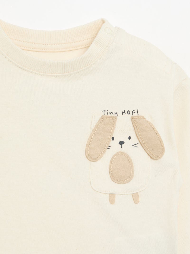 T-shirt de manga comprida com bolso animado Branco - Kiabi