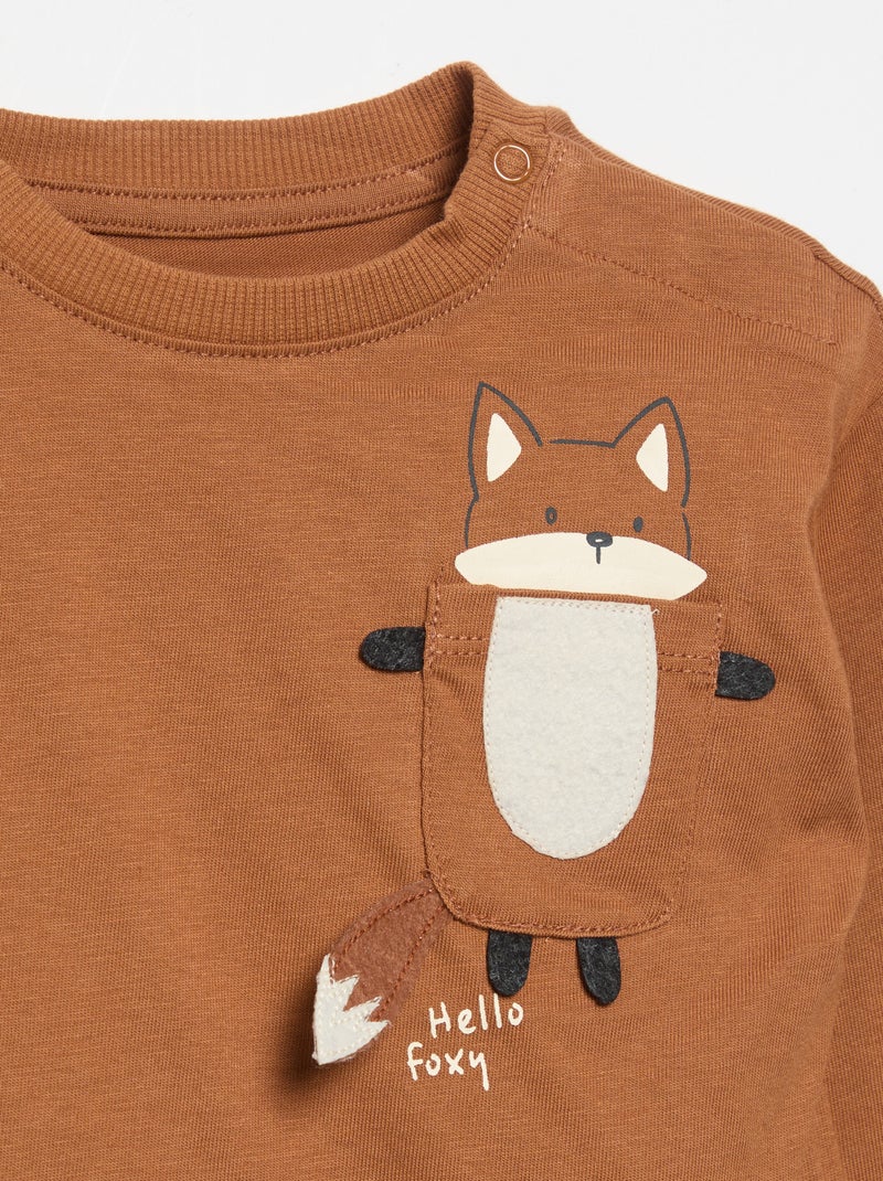 T-shirt de manga comprida com bolso animado Castanho - Kiabi