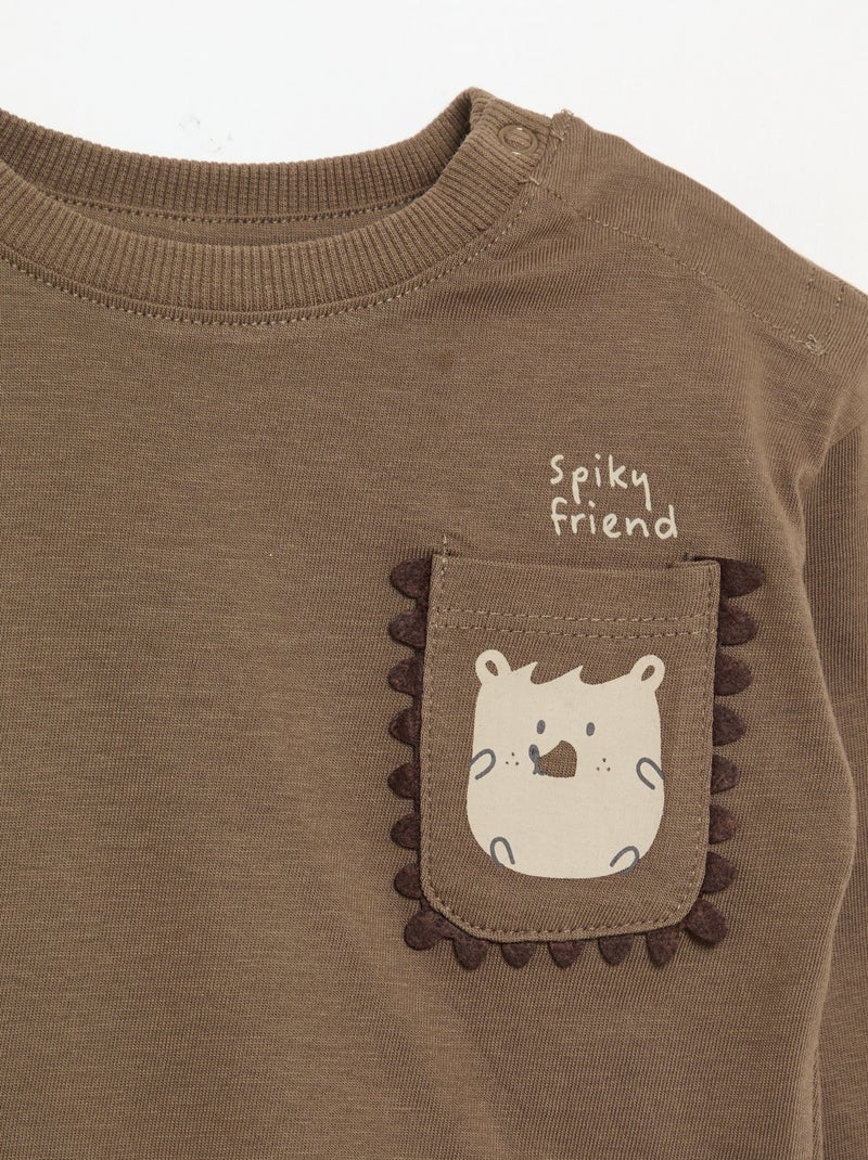 T-shirt de manga comprida com bolso animado Castanho - Kiabi