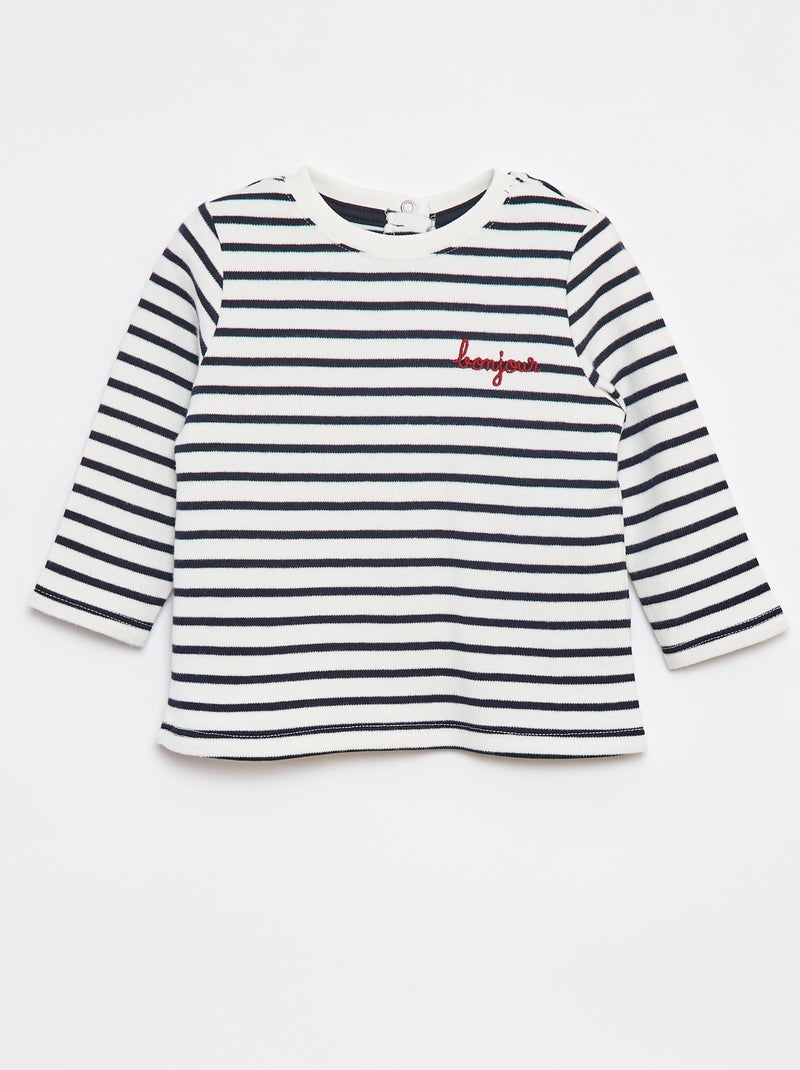 T-shirt de manga comprida com 'bonjour' bordado frontal Branco - Kiabi