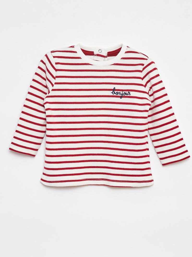T-shirt de manga comprida com 'bonjour' bordado frontal Branco - Kiabi
