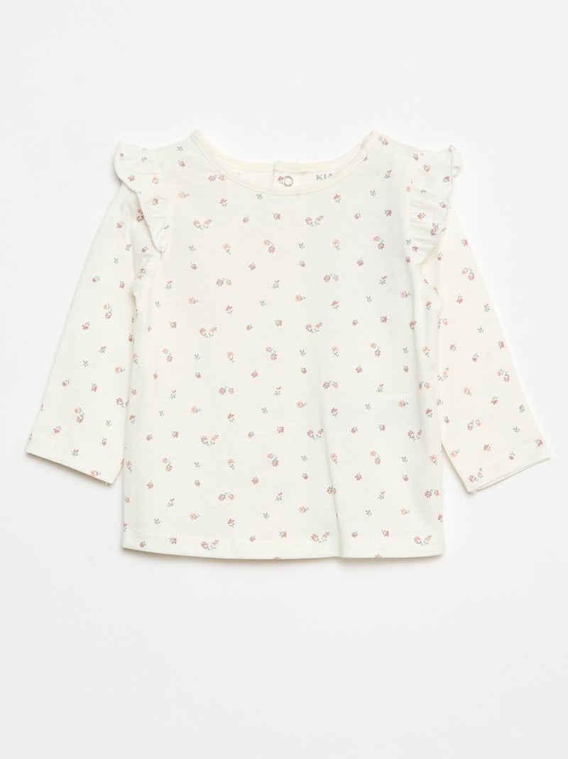T-shirt de manga comprida com cavas com folhos e motivo Branco - Kiabi