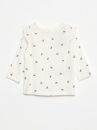 T-shirt de manga comprida com cavas com folhos e motivo