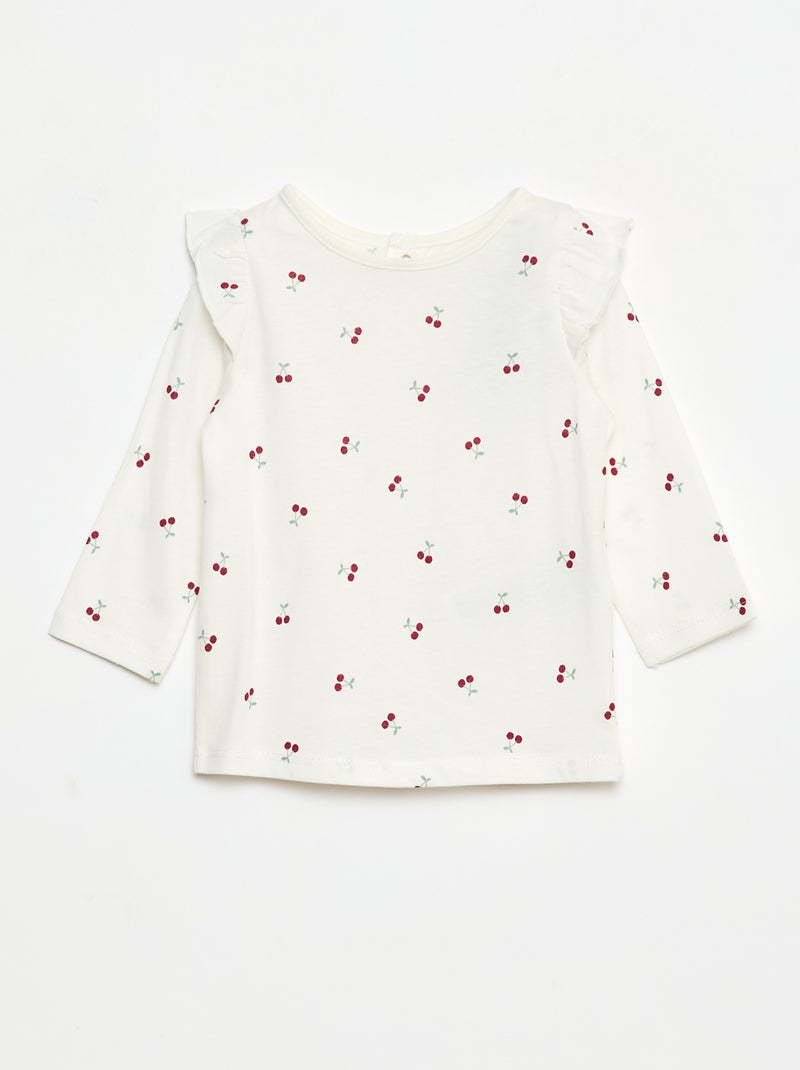 T-shirt de manga comprida com cavas com folhos e motivo Branco - Kiabi