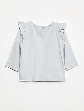 T-shirt de manga comprida com cavas com folhos e motivo