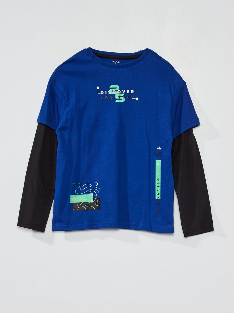 T-shirt de manga comprida com efeito 2 em 1 AZUL - Kiabi