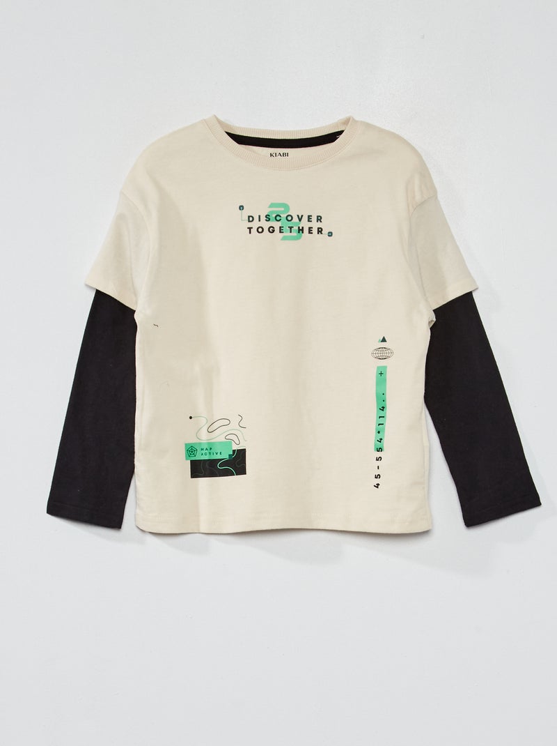 T-shirt de manga comprida com efeito 2 em 1 BEGE - Kiabi