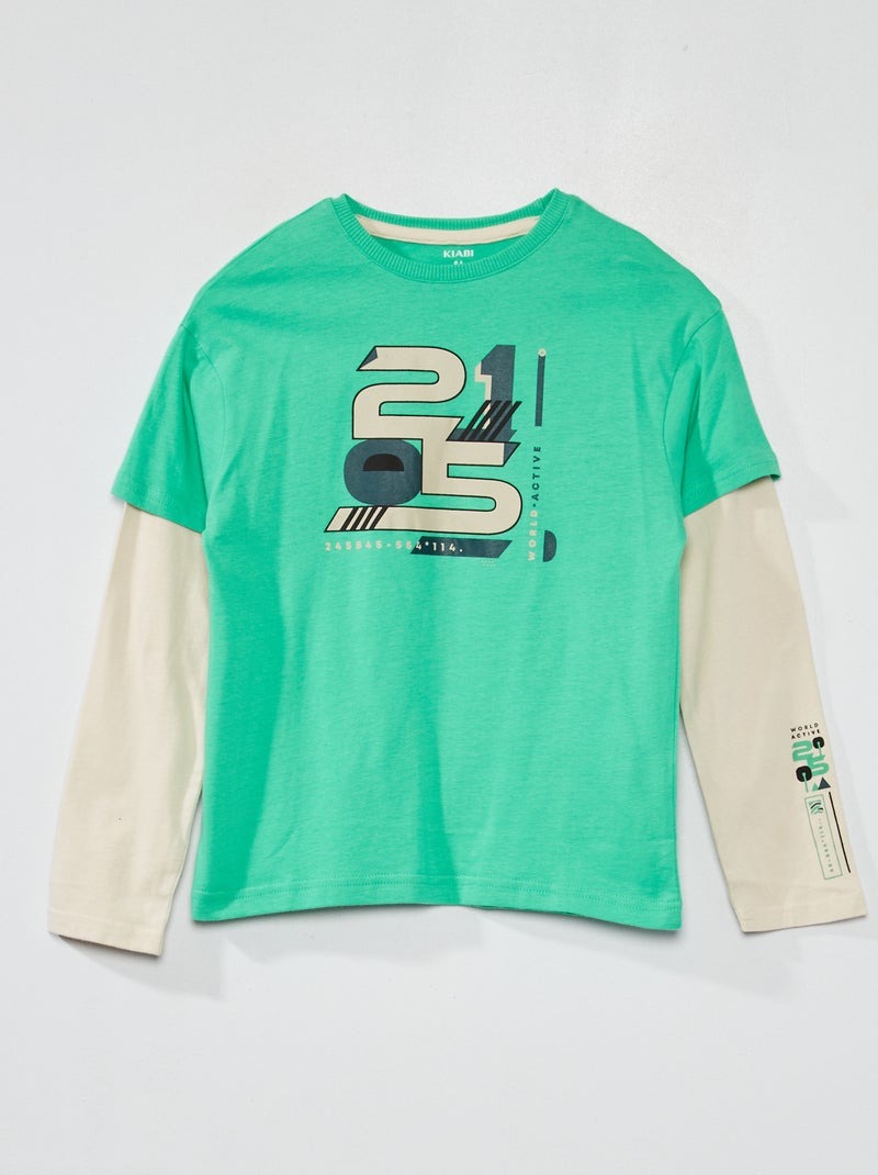 T-shirt de manga comprida com efeito 2 em 1 VERDE - Kiabi