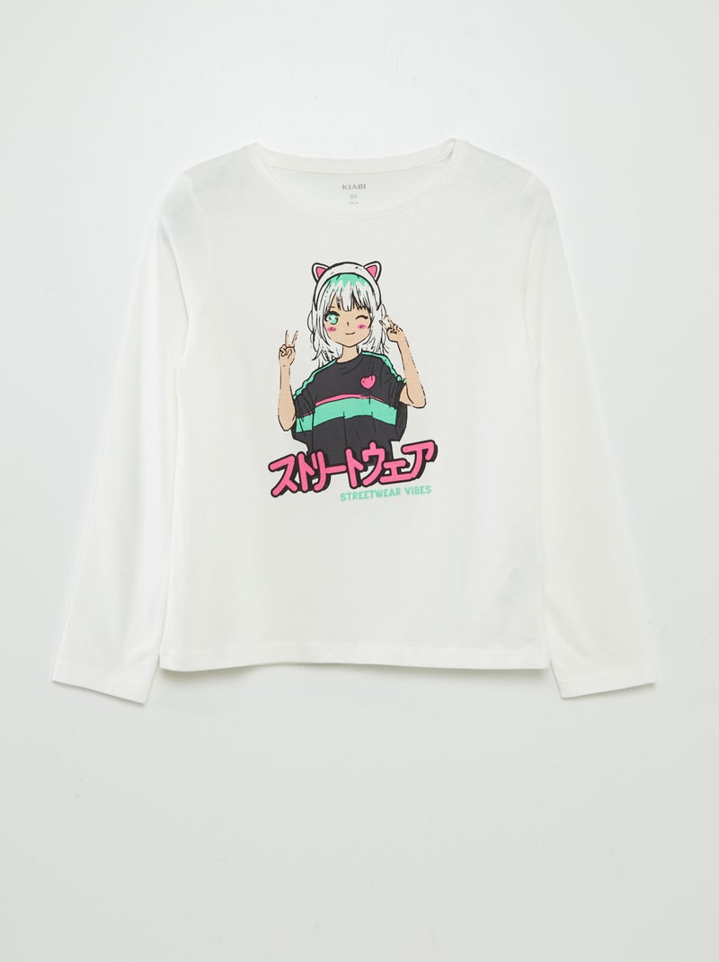 T-shirt de manga comprida com estampado BRANCO - Kiabi