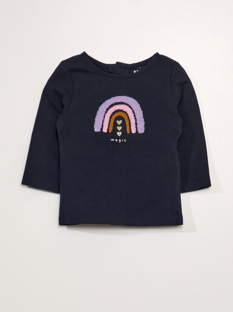 T-shirt de manga comprida com estampado em malha trama AZUL - Kiabi