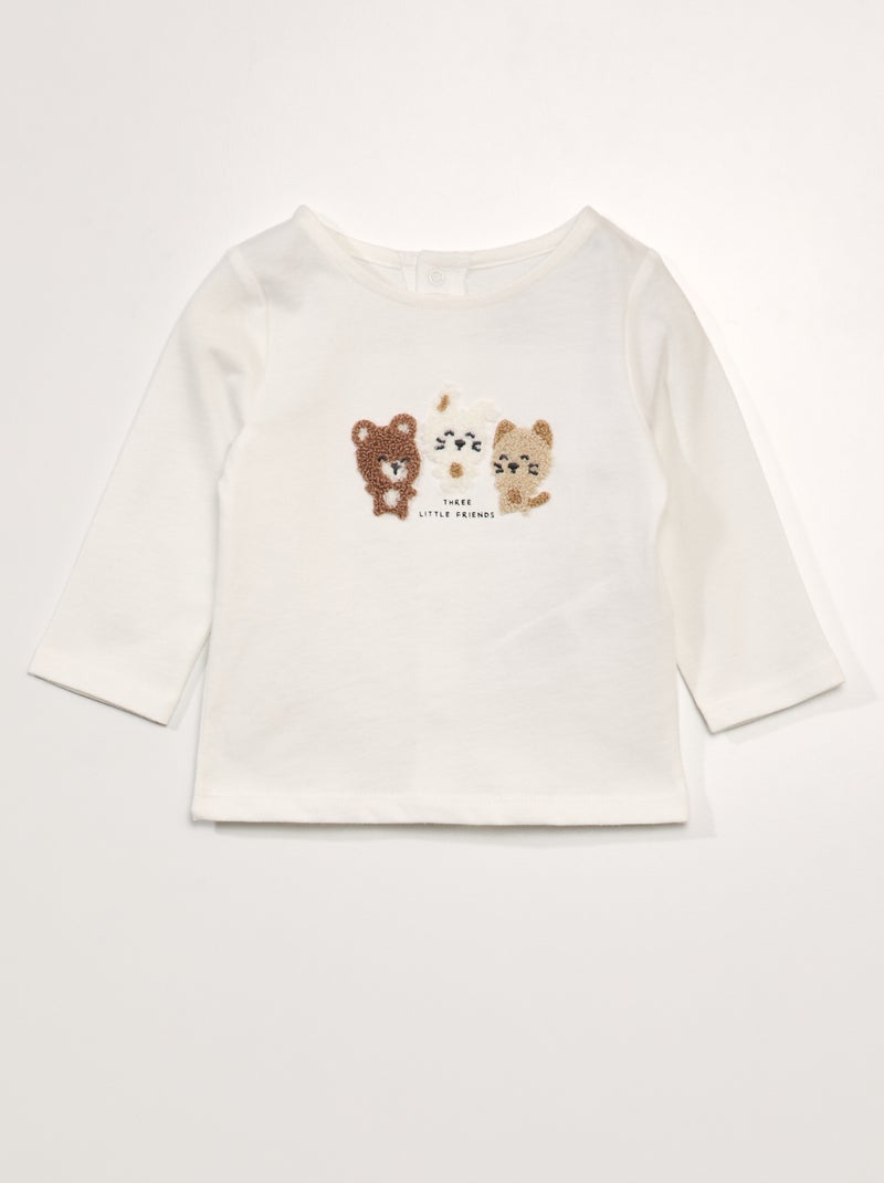 T-shirt de manga comprida com estampado em malha trama BRANCO - Kiabi