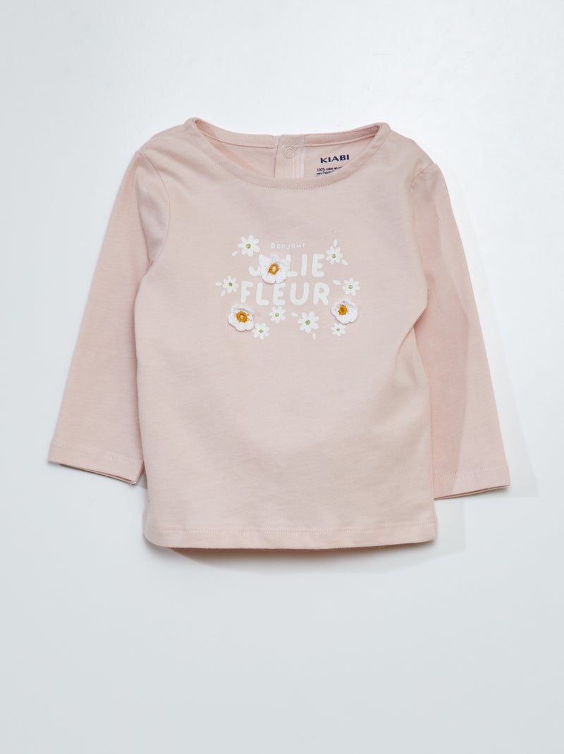 T-shirt de manga comprida com estampado em malha trama ROSA - Kiabi