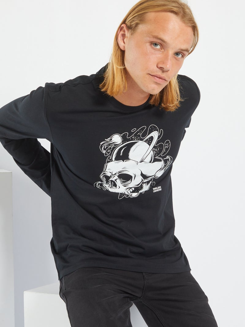 T-shirt de manga comprida com estampado PRETO - Kiabi