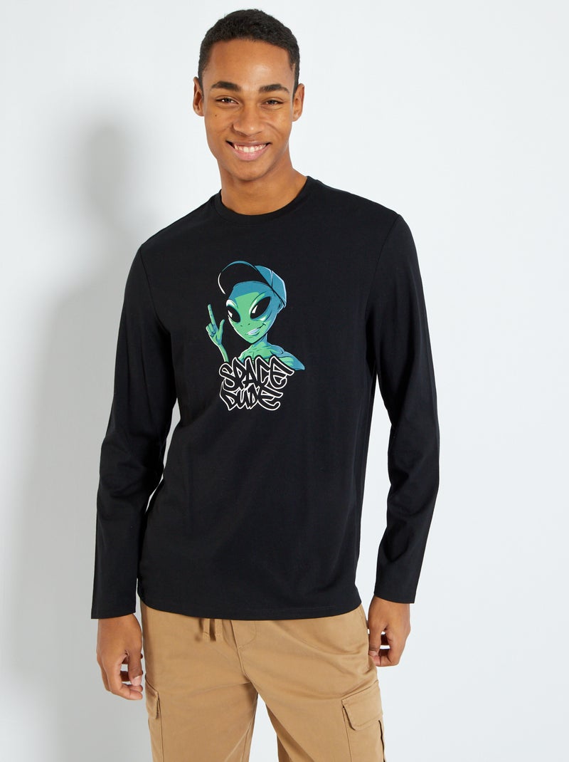 T-shirt de manga comprida com estampado PRETO - Kiabi