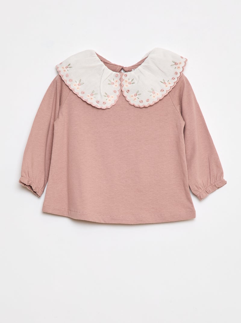 T-shirt de manga comprida com gola claudine Rosa - Kiabi