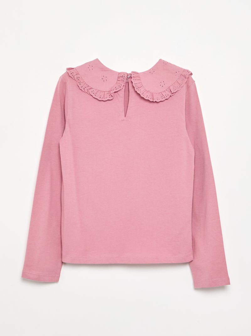 T-shirt de manga comprida com gola em bordado inglês Rosa - Kiabi
