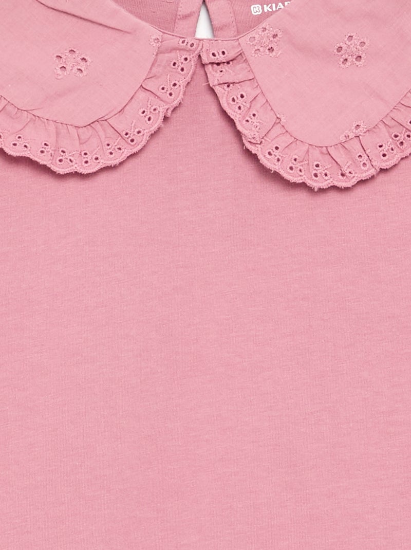 T-shirt de manga comprida com gola em bordado inglês Rosa - Kiabi