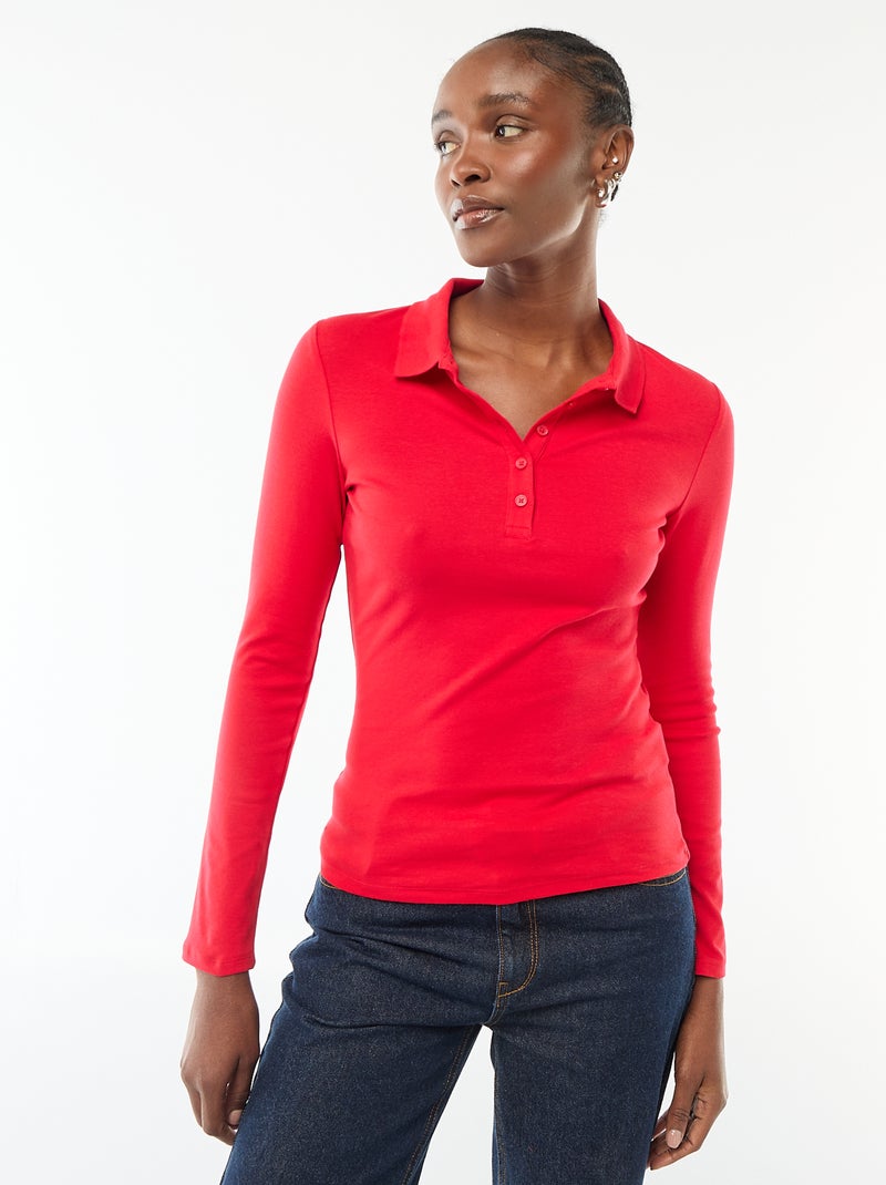 T-shirt de manga comprida com gola polo Vermelho - Kiabi