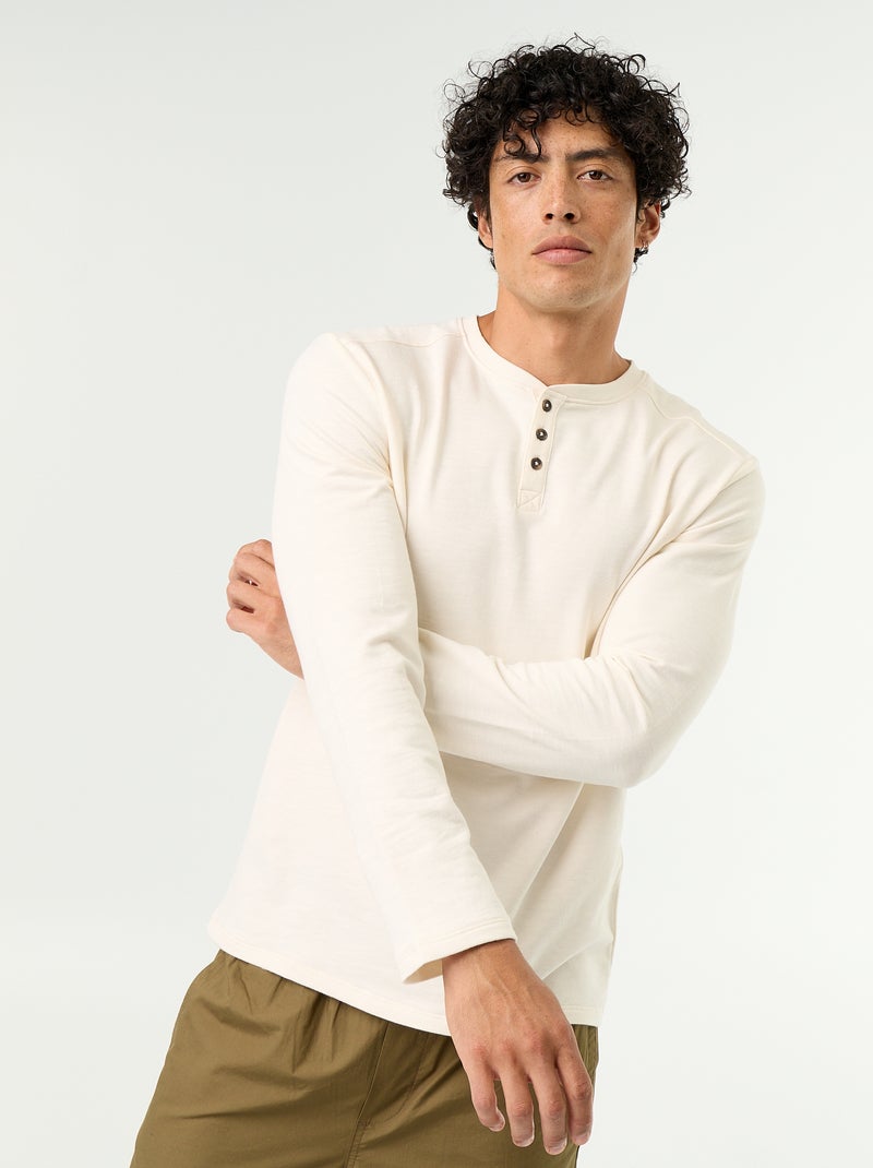 T-shirt de manga comprida com gola tunisiana Branco - Kiabi