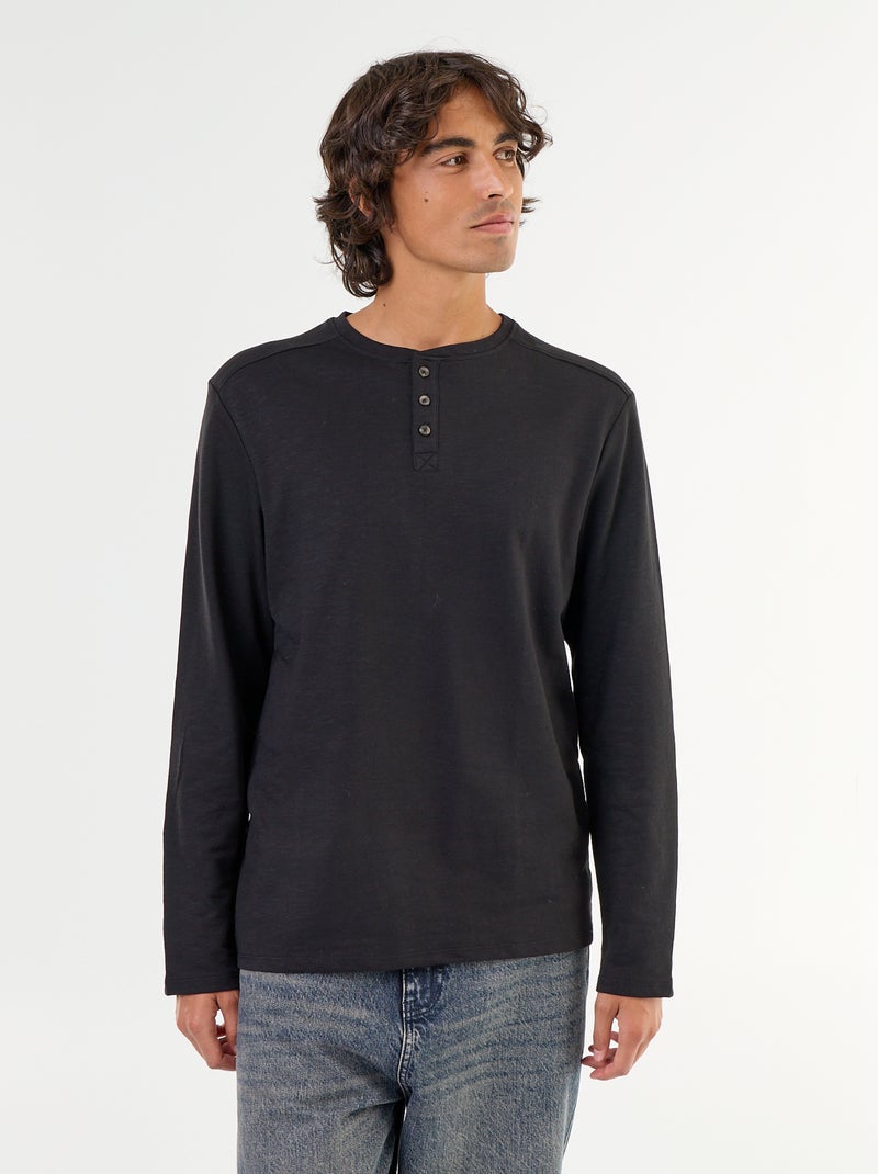 T-shirt de manga comprida com gola tunisiana Preto - Kiabi
