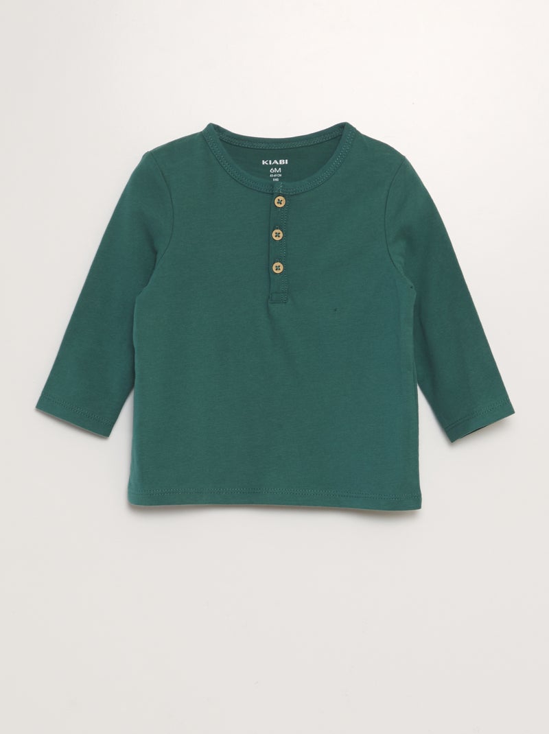 T-shirt de manga comprida com gola tunisina VERDE - Kiabi