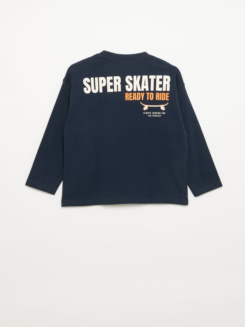 T-shirt de manga comprida com patches à frente e nas costas Azul marinho - Kiabi
