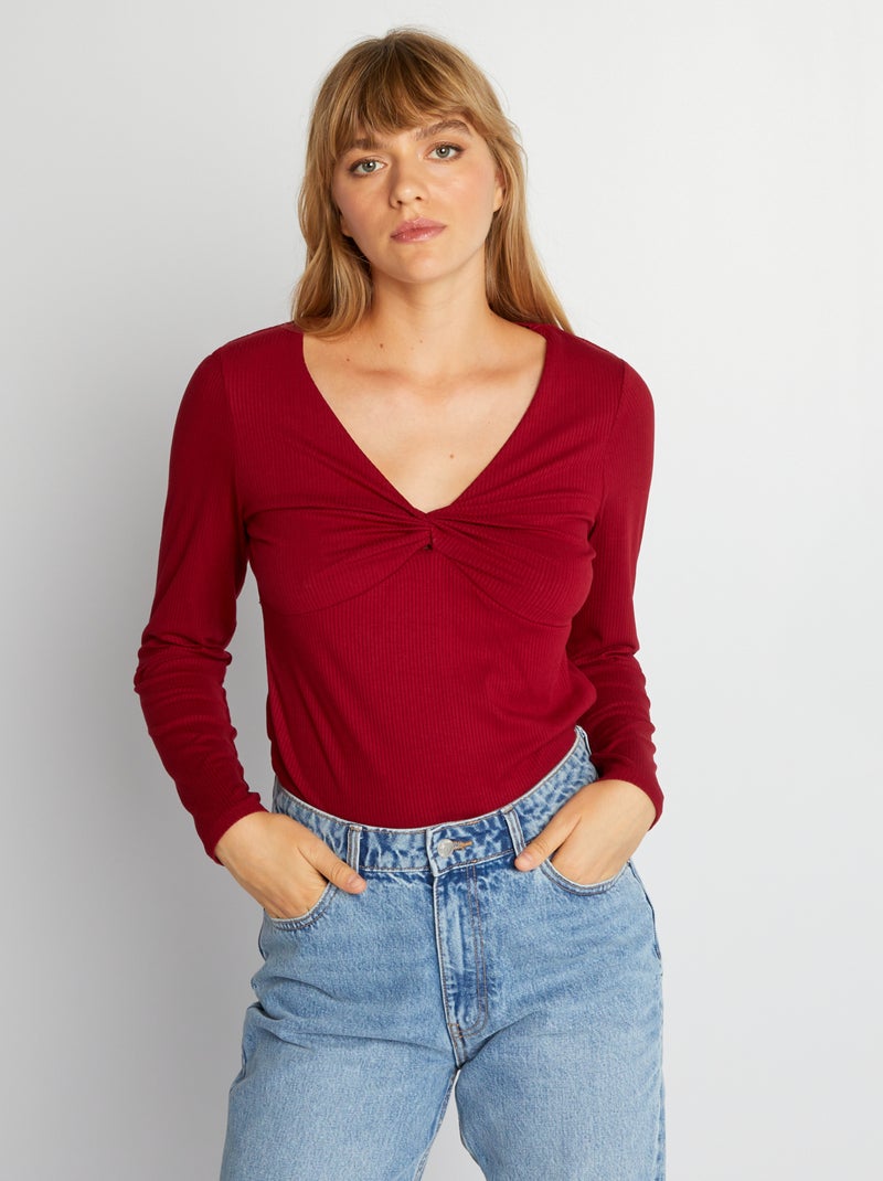 T-shirt de manga comprida de malha canelada VERMELHO - Kiabi