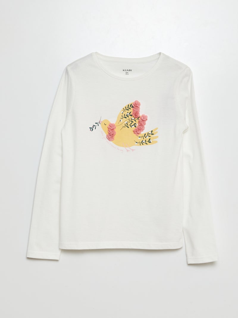 T-shirt de manga comprida em jersey estampado + relevos de fantasia BEGE - Kiabi