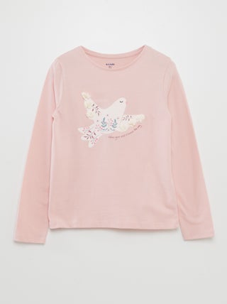 T-shirt de manga comprida em jersey estampado + relevos de fantasia