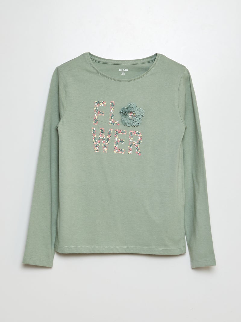 T-shirt de manga comprida em jersey estampado + relevos de fantasia VERDE - Kiabi