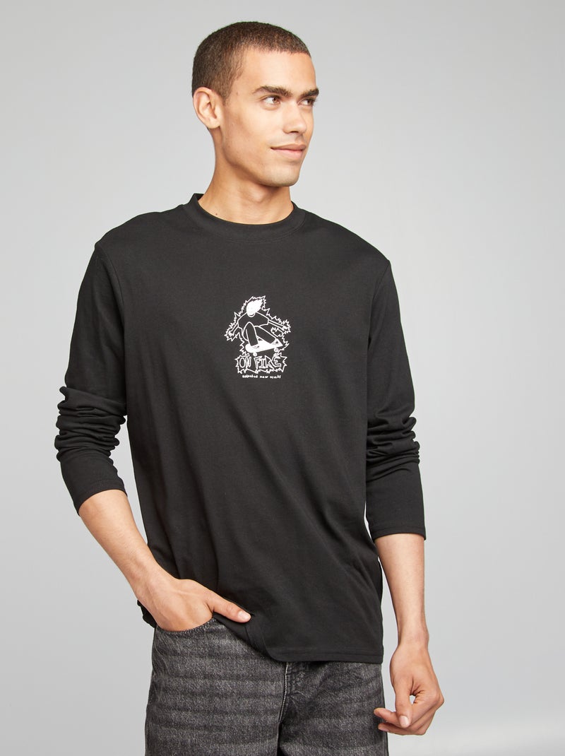 T-shirt de manga comprida em jersey PRETO - Kiabi