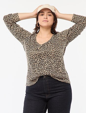 T-shirt de manga comprida em malha canelada -