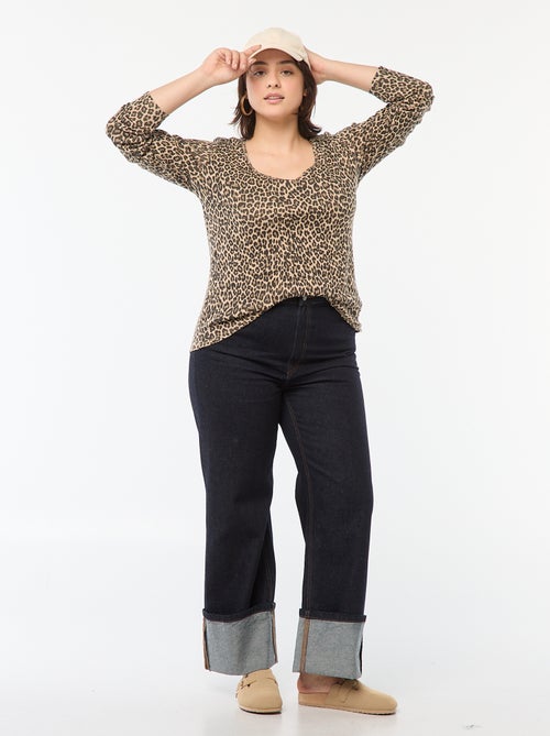 T-shirt de manga comprida em malha canelada  - - Kiabi