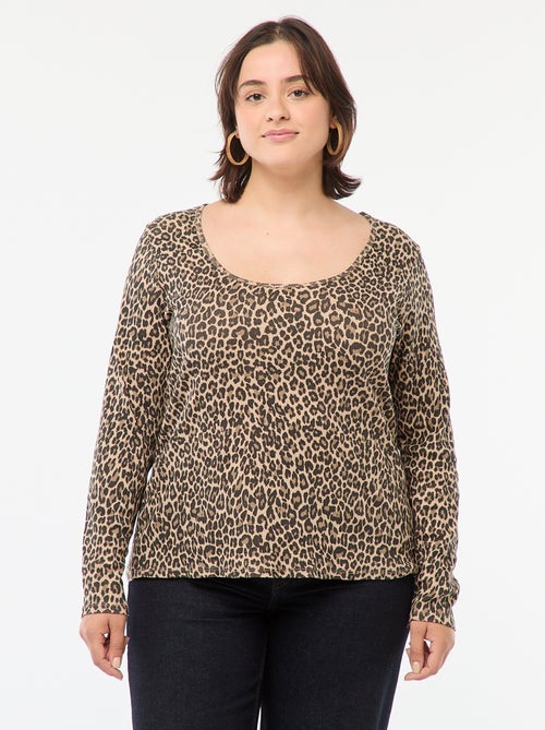 T-shirt de manga comprida em malha canelada  - - Kiabi