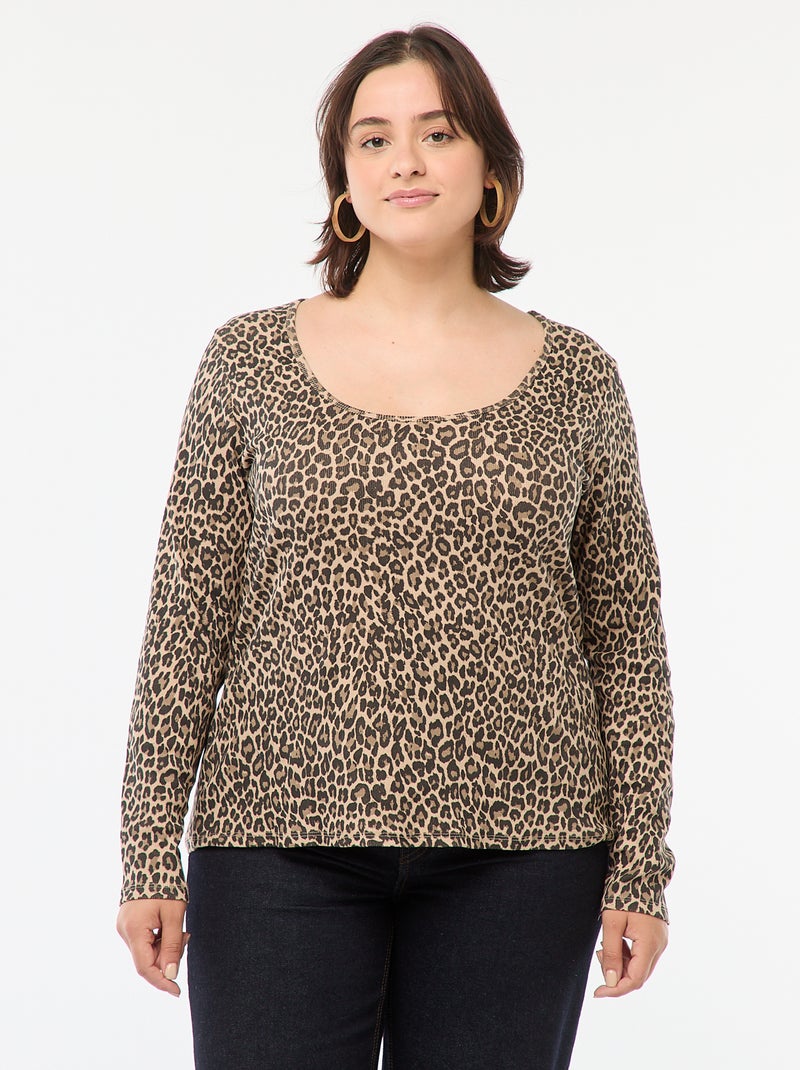 T-shirt de manga comprida em malha canelada  - Bege - Kiabi