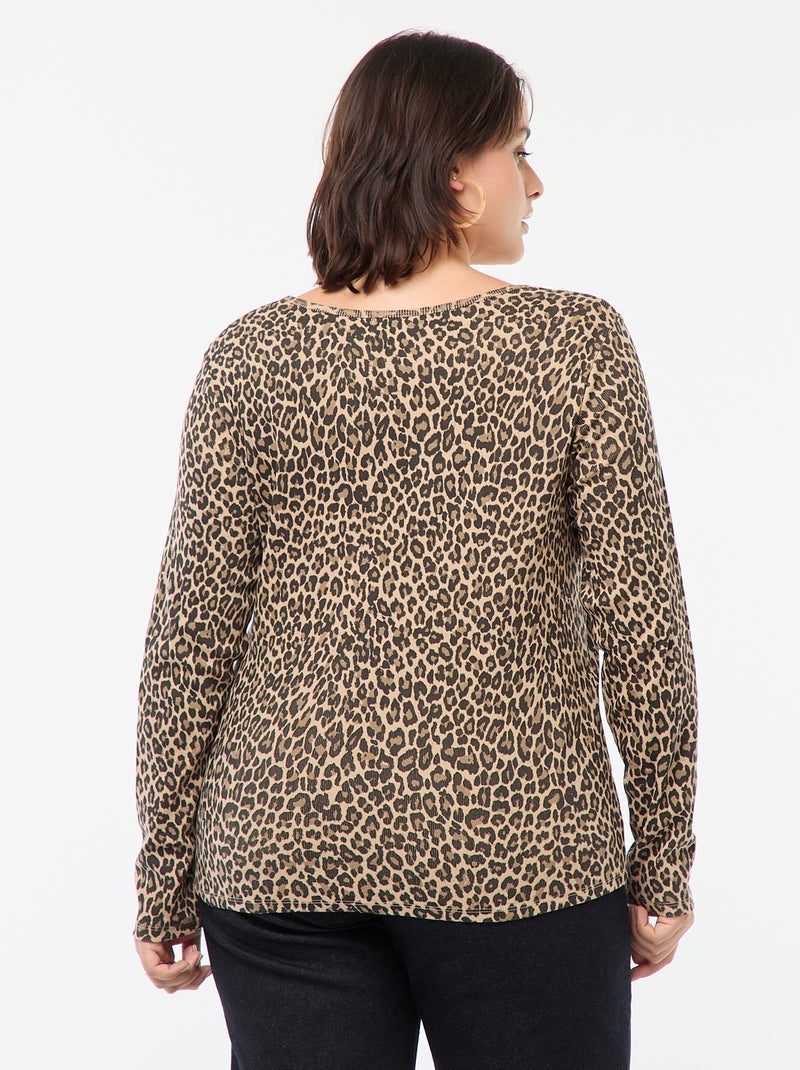 T-shirt de manga comprida em malha canelada  - Bege - Kiabi