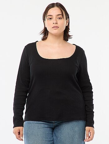 T-shirt de manga comprida em malha canelada -