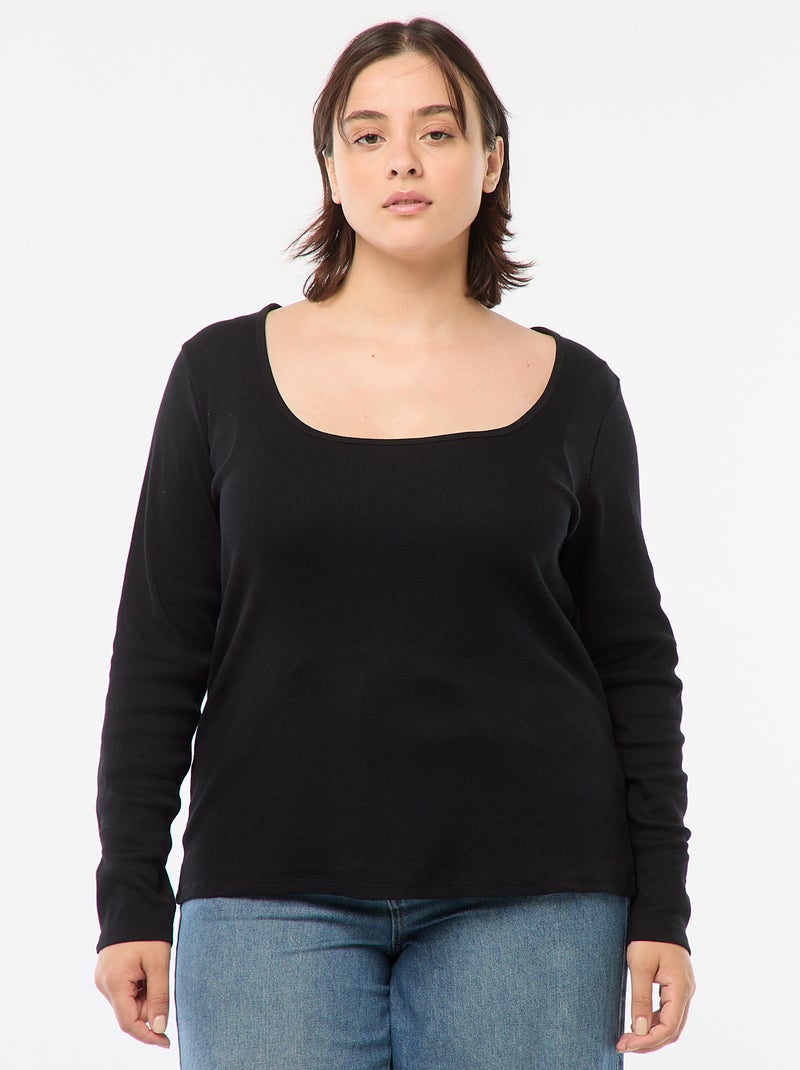 T-shirt de manga comprida em malha canelada  - Preto - Kiabi