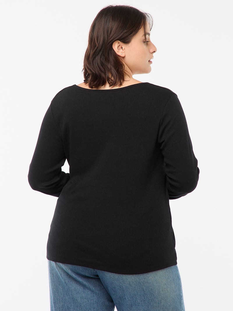 T-shirt de manga comprida em malha canelada  - Preto - Kiabi