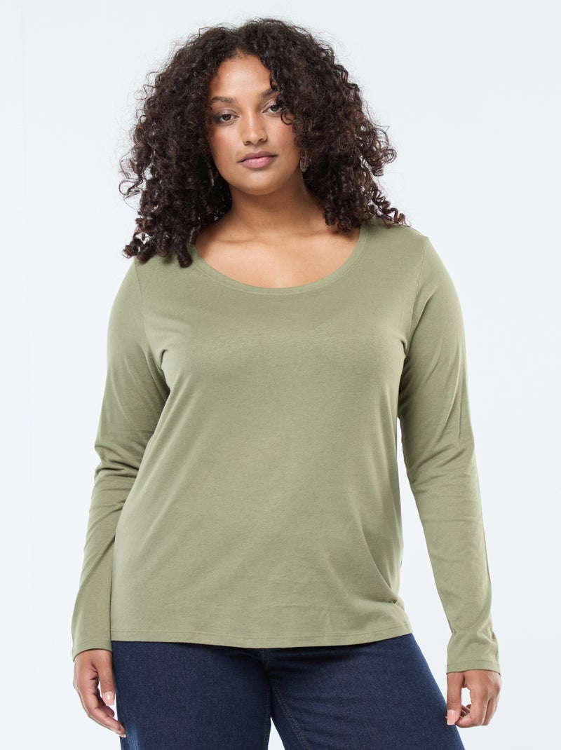 T-shirt de manga comprida lisa em jersey Verde - Kiabi