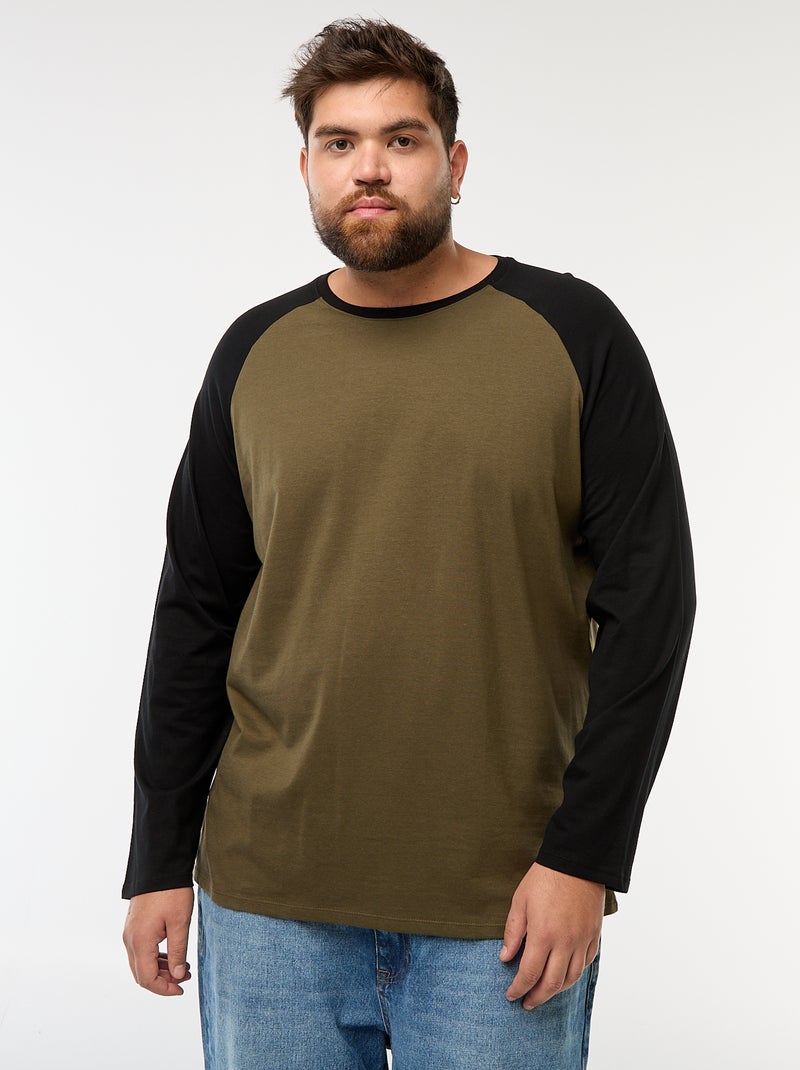 T-shirt de manga comprida raglan e gola redonda Caqui - Kiabi