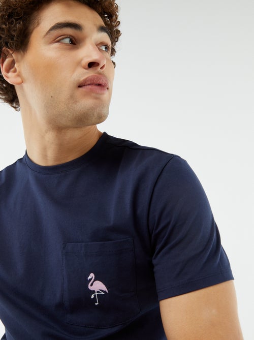 T-shirt de manga curta com bolso frontal e bordado - Kiabi